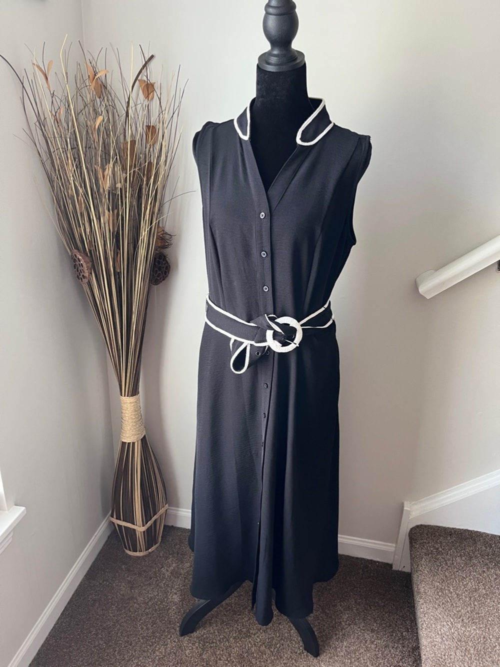 croft & barrow Black Midi Shirt Dress with White Trim Belt